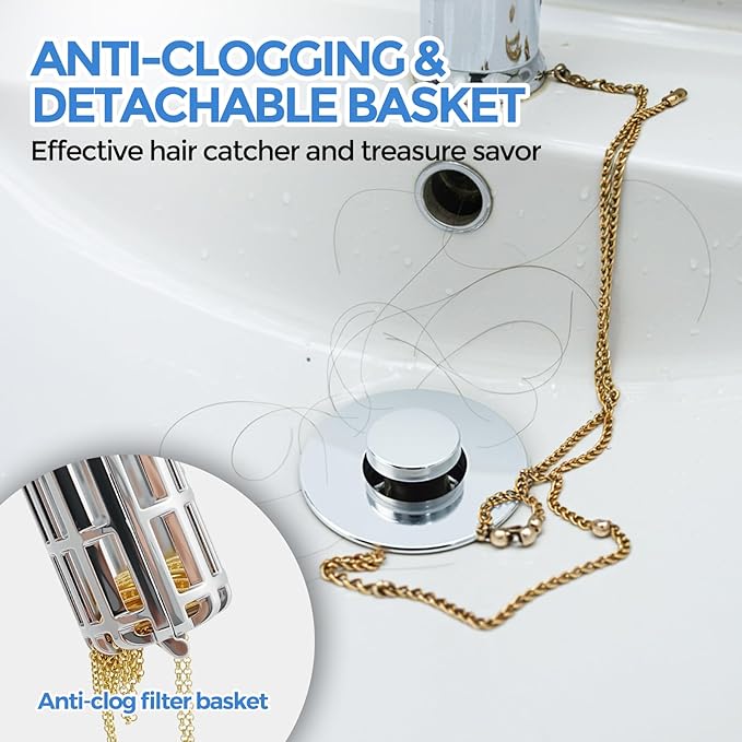 zaa Bathroom Sink Drain Strainer - (2 Pc) 3 in 1 Sink Stopper Bathroom Drain with Removable Filter Basket for Easy Clean, Pop Up Sink Drain Stopper for 1.1'' to 1.6'' Basin, Brass Core, 10000+ Tested