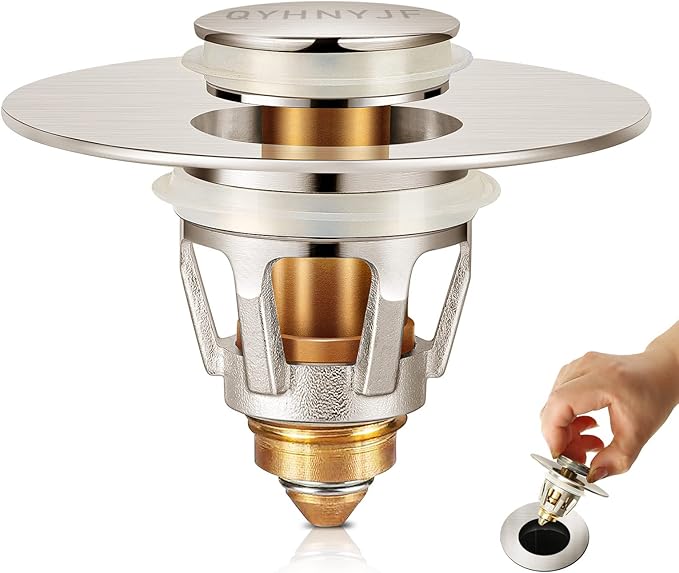 Bathroom Sink Stoppers Brushed Nickel – Pop Up Drain Stopper & Strainer, 2-in-1 Universal Sink Stopper for 1.1" to 1.5" Bathroom Sink Drain Pipes, Brushed Nickel Finish