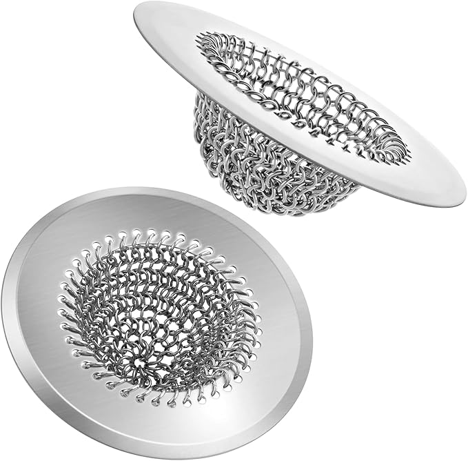 2 Pack Chainlink Kitchen Sink Drain Strainer 4.4 Inch - 304 Stainless Steel Wide Rim Sink Strainer, Chainmail Sink Filter, Fits Most US Kitchen Sinks