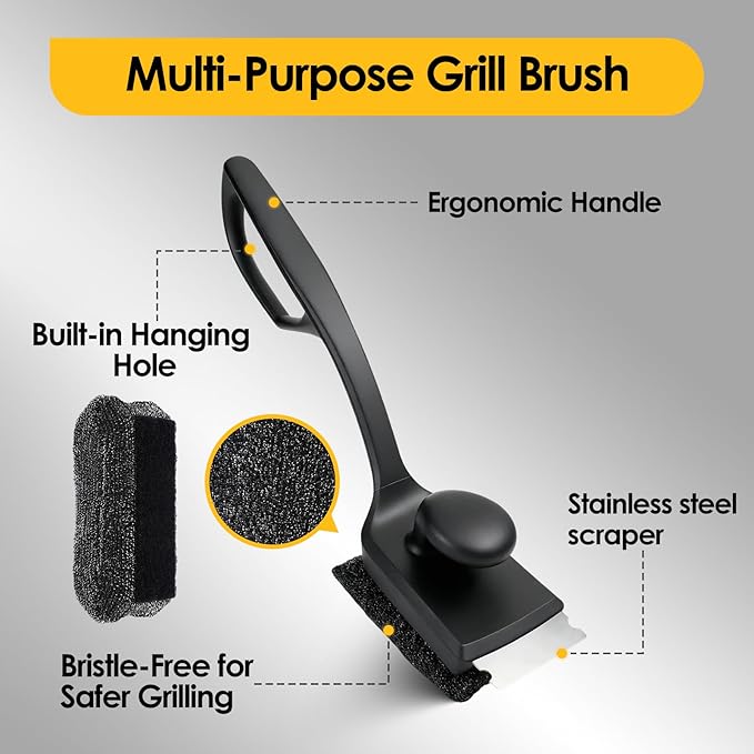 Bristle Free Silicone Grill Brush | BBQ Grill Cleaner for Gas Charcoal Cast Iron Grates | No Wire Food Safe Brush with Detachable Heads, Scraper & Collapsible Water Cup for Outdoor Camping BBQ