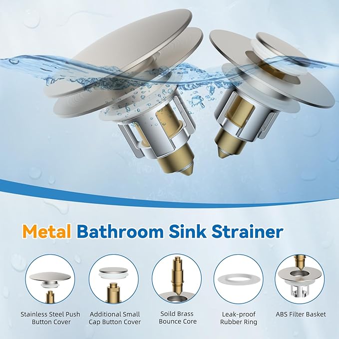 Universal Bathroom Sink Stopper, Metal Pop Up Sink Drain Strainer with Hair Catcher Basket, Fit 1.1"-2.36" US Basin, Wash Basin Drain Plug, Big/Small Cover Cap, Brass Bounce Core, Brushed Nickel