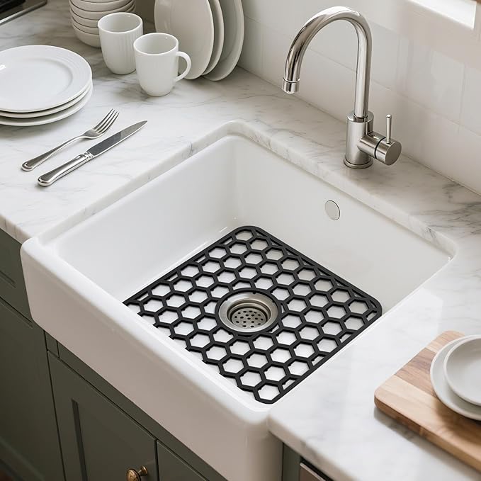 Silicone Sink Protectors for Kitchen Sink - 12" x 11" Kitchen Grid Accessory, Non-Slip Heat-Resistant Mat for Bottom of Porcelain Stainless Steel, Dishwasher Safe (Black)