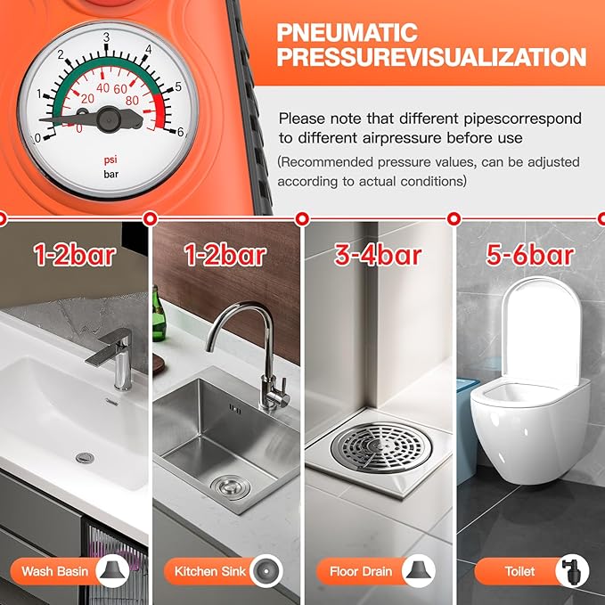 Electric toilet plunger,Toilet Auger with Pressure Gauge, Electric Drain Snake for Clogged Toilet, High-Pressure Toilet Auger, plungers for bathroom,Pneumatic Toilet Auger Tool