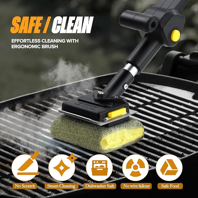 Folding Bristle Free Outdoor Grill Brush for BBQ Collapsible Design for Easy Storage Heavy Duty with Scraber & 3 Sponge Steam Brush Head Grill Cleaning Tool for Camping Tailgating Indoor Daddy Gift