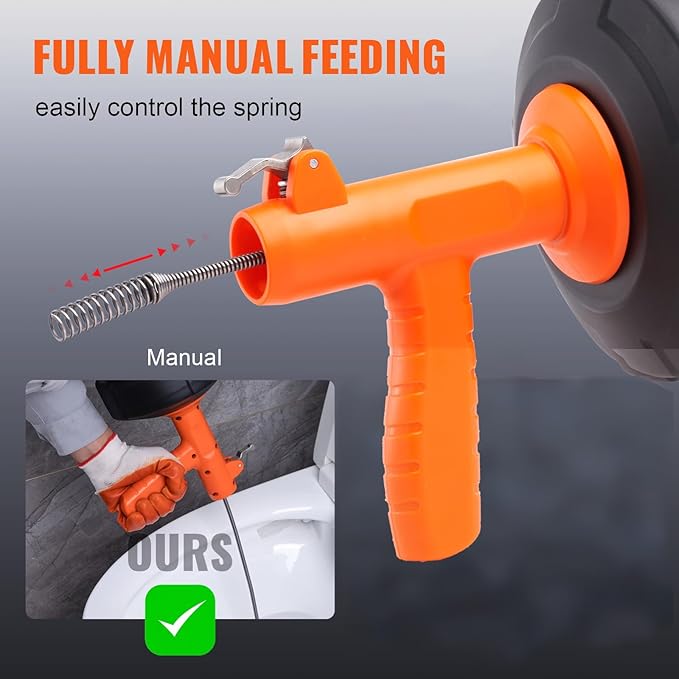 VEVOR Drain Auger 25Ft, Plumbing Snake Auto Feed, Plumbers Snake with Drill Attachment, Pipe Snake Drain Clog Remover for Kitchen Bathroom Shower Sink with Protective Hose and Gloves