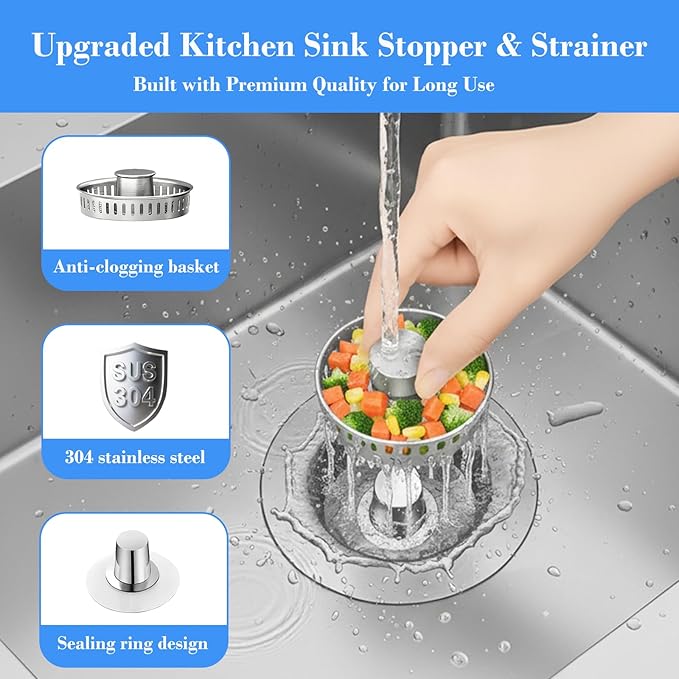 Upgraded 3-in-1 Kitchen Sink Drain Strainer with Solid Brass Core, Fast-Drain Pop-Up Sink Stopper, 304 Stainless Steel, Removable Anti-Clog Basket, for US Standard 3-1/2'' Drains (2 Pack)