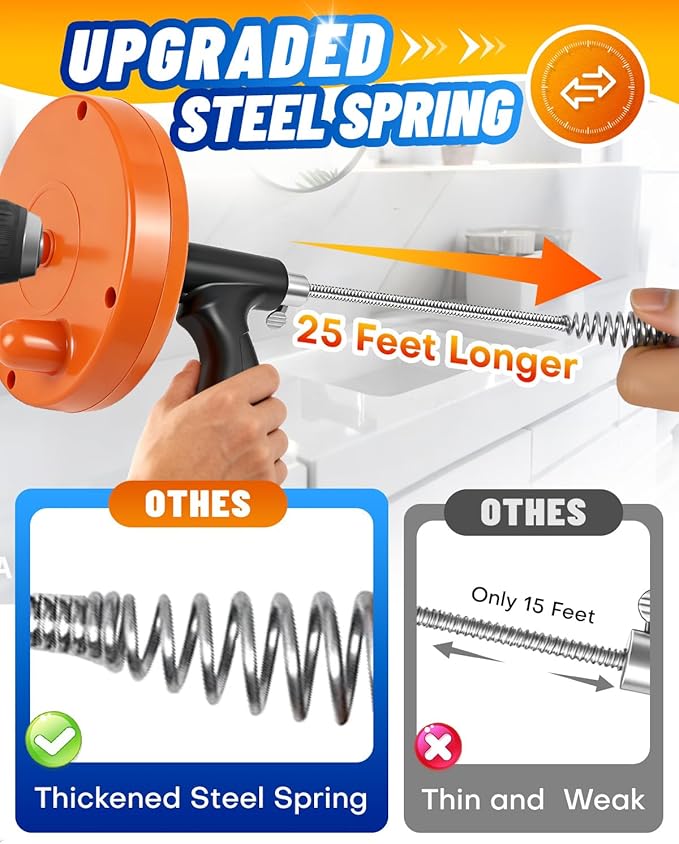 Drain Auger, Plumbing Snake with Drill Adapter, 25 ft Flexible Drain Snake Clog Removal Tool Use Manually or Powered for Kitchen Bathroom Shower Sink, Come with Gloves and Cloth Bag