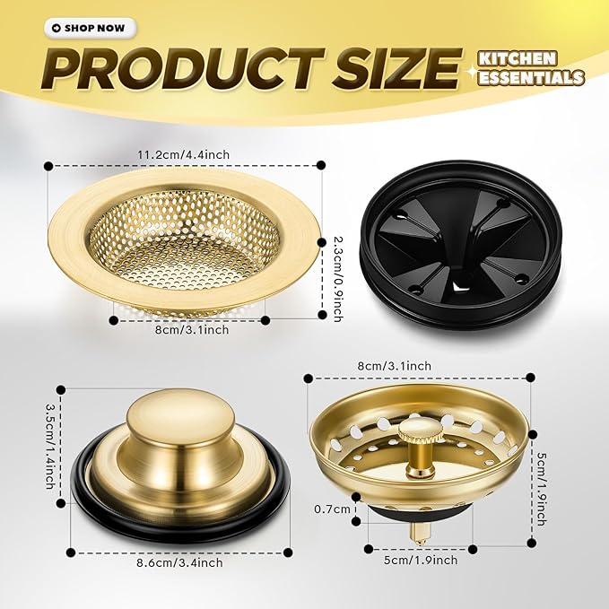 4 Pcs Light Gold Kitchen Sink Accessories Garbage Disposal Splash Guards 3.4'' Sink Drain Strainer and Stopper Stainless Steel Garbage Disposal Plug for Kitchen Drain Strainer
