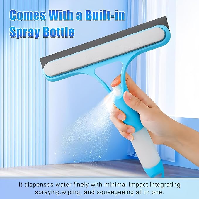 Shower Squeegee for Glass Doors, 3 in 1 Squeegee for Shower Glass with Spray, Scrubber and Shower Squeegee for Glass Doors, Mirrors, Car and Home, All-Purpose Window Cleaner Tool (White)