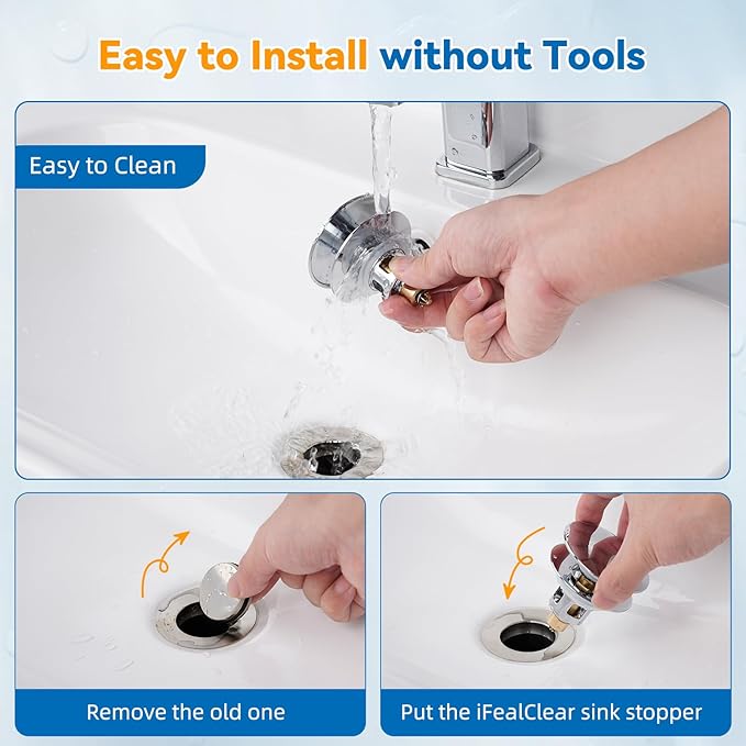 Universal Bathroom Sink Stopper, Metal Pop Up Sink Drain Strainer with Detachable Hair Catcher, Fits 1.1"-2.36" US Basin, Wash Basin Drain Plug with Big/Small Cover Cap, Brass Bounce Core, Chrome