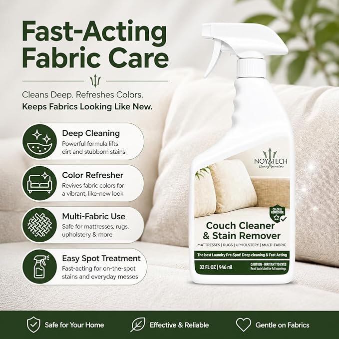 NOYATECH Couch Cleaner & Stain Remover Spray | Non-Toxic Cleaner | Pet Safe & Kid Safe | Upholstery, Sofas, Mattresses, Car Seats & Fabric | Quick-Drying | 32 oz