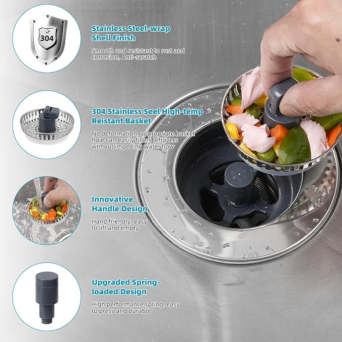 Hibbent 2 Pack 3 in 1 Kitchen Sink Drain Strainer, Stainless Steel Wrapped Shell Drain Stopper Combo, Pop Up Sink Stopper, Stainless Steel Anti-Clogging Basket Strainer for US Standard 3-1/2" Drain