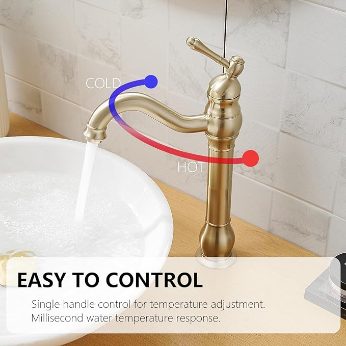 Brushed Gold Vessel Sink Faucet 360° Swivel for Bathroom Single Hole Farmhouse Tall Commercial Vanity Matching Pop Up Drain Without Overflow Mixer Tap Single Handle
