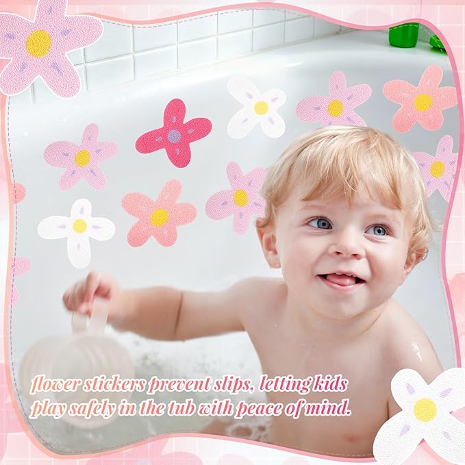 32 Pcs Cute Non Slip Bathtub Stickers for Shower Colorful Bathroom Anti Slip Shower Stickers Floor Applique Adhesive Decals with Scraper for Bathtub Bathroom Floor Pools (Flower)