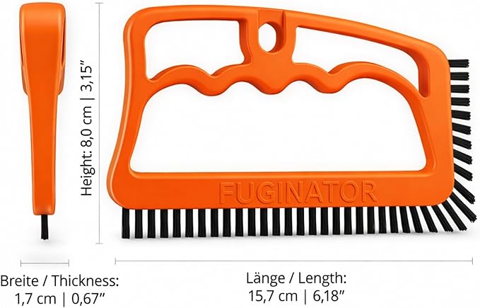 FUGINATOR® Grout Brush Orange/Gray - Ergonomic Heavy Duty Cleaning Brush for Bathroom, Shower & Kitchen - Deep Detail Scrubber for Wall & Floor Tiles, Crevices & Tight Spaces - Made in Germany
