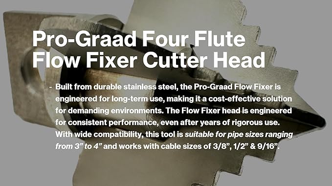 2-1/2” Spear 4 Flute Flow Fixer Drain Cleaner Plumbing Snake Cutter Head for 3” – 4” Pipes, Clears & Scrapes Inner Walls, Fits 3/8” 1/2" or 9/16” Cables, Commercial & Residential Use