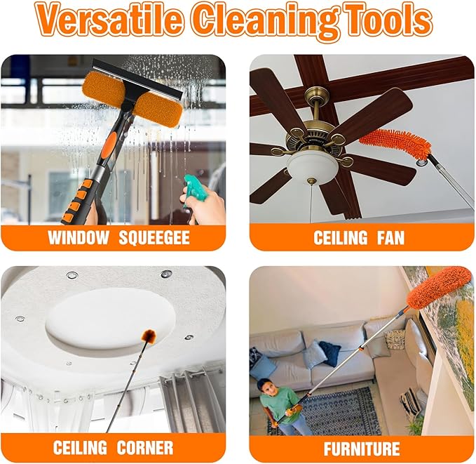20FT High Reach Duster Cleaning Kit with Extension Pole, High Ceiling Fan Cleaner Duster Tool for Fan Blades, Window Washing Kit with Microfiber Feather Duster & Window Squeegee