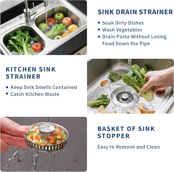 3-in-1 Kitchen Sink Drain Strainer - Pop Up Sink Stopper, Stainless Steel Sink Drain Strainer, Kitchen Sink Stopper & Drain Plug with Anti-Clogging Basket,Sink Strainer Fits US Standard 3-1/2'' Drains
