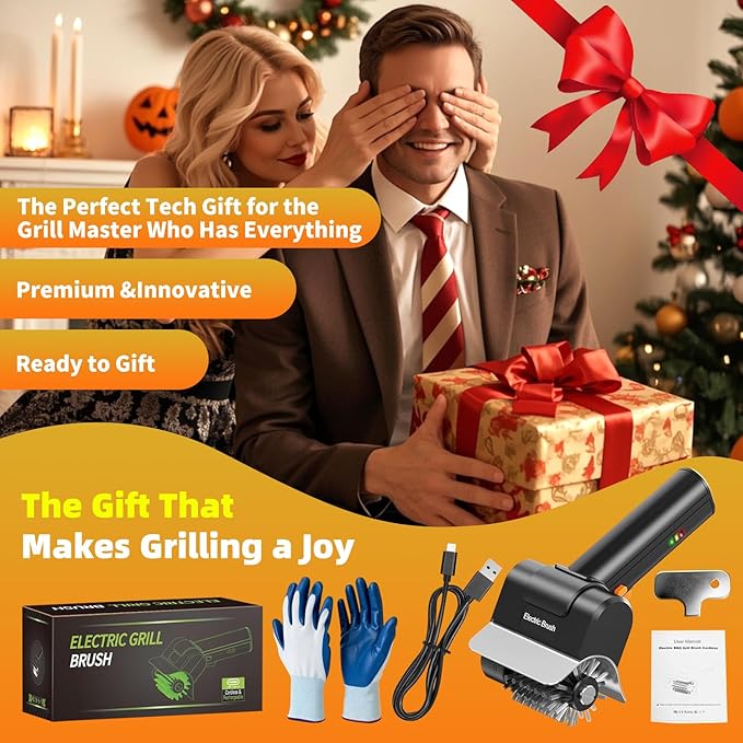 Electric Grill Brush with Dual Safety Lock - Ideal Gift for Men Dad Husband, Professional BBQ Cleaner with Submersible 304 SS Head, Splash-Proof Scrubber for Outdoor Grill (Orange Button)
