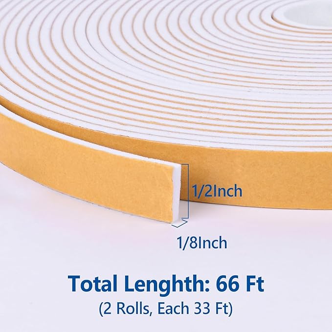 Kikerike Self Adhesive Foam Tape Weatherstrip 1/2in x 1/8in x 66Ft High Density Foam Insulation Strips Seal Weather Stripping with Strong Adhesive for Door and Window Sound Isolation Soundproofing