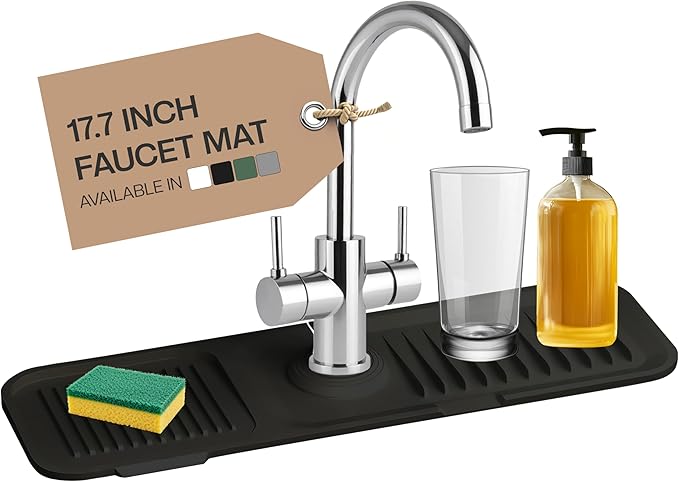 Premium 17 Inch Faucet Mat Guard for Sink Area Durable Silicone Splash Mat Multi-Use Water Catcher Tray Fast Drying Draining Protector (Black)
