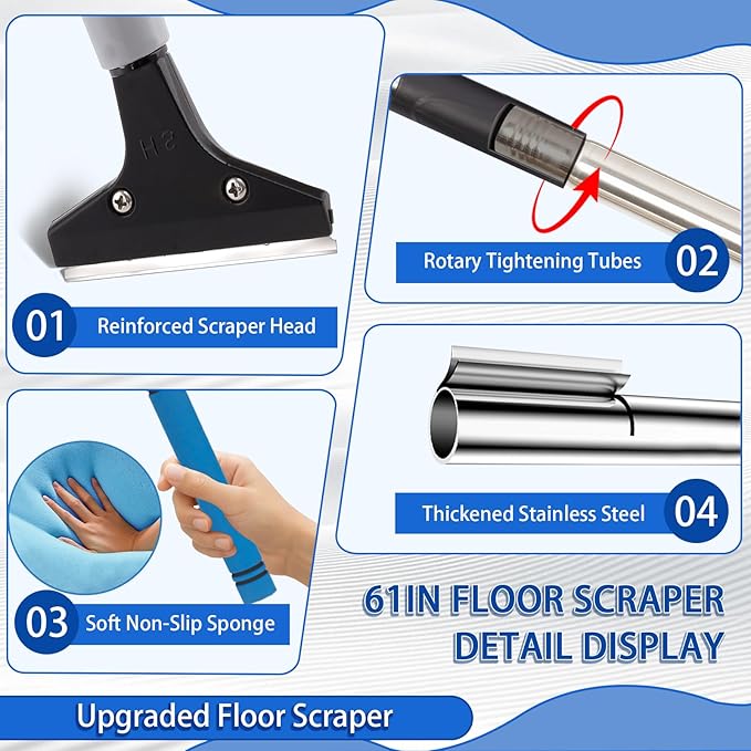4"Razor Blade Floor Scraper with Long Handle,61in Adjustable Floor Scraper Heavy Duty with 10PCS Extra Metal Blades Paint Scraper for Cleaning Stickers Gum Glass Wall Tile Linoleum Stove Top