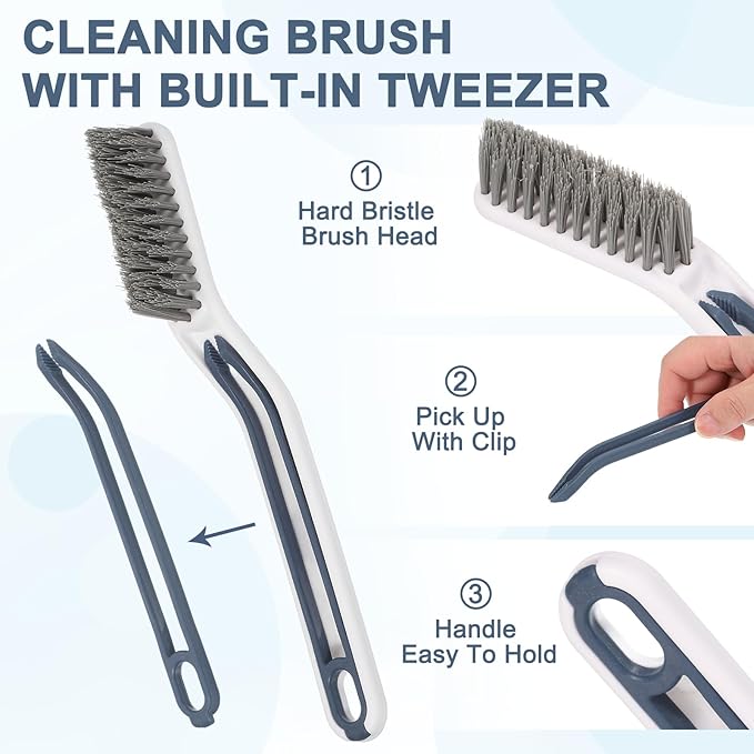 uxcell Crevice Cleaning Brush with Tweezer, Hard Bristle Gap Brush for Tidying Narrow Space, Deep Cleaning Supplies for Kitchen Sink, Toilet, Bathroom, Bathtub, Home, Window, White 2Pcs