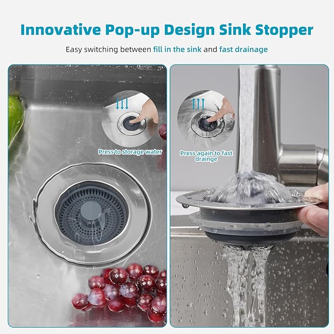 Hibbent Universal 3 in 1 Metal Kitchen Sink Drain Strainer, Upgraded Stainless Steel Drain Stopper Combo, Pop Up Sink Stopper, 3 Anti-Clogging Basket Strainers with Handle for US Standard 3-1/2" Drain