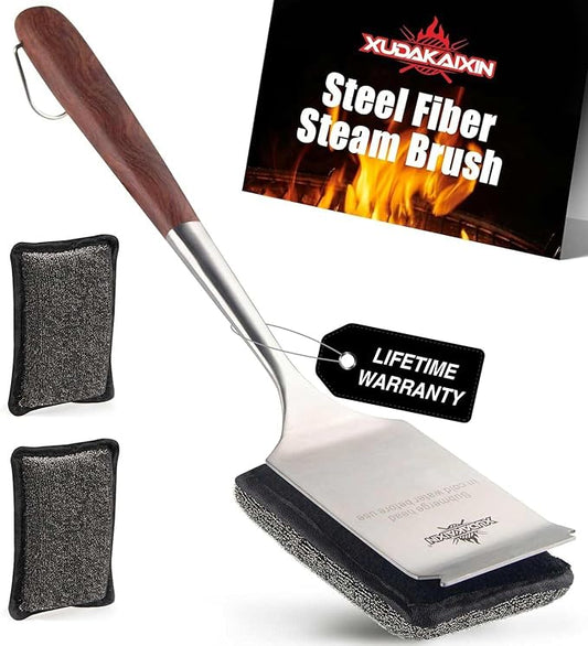 Bristle-Free Steam Cleaning Grill Brush Kit – Luxurious Long Rosewood Handle, Includes 1 Replacement Head – Safe BBQ Grill Cleaning for Outdoor Grill – Great Gift for Men/Dad