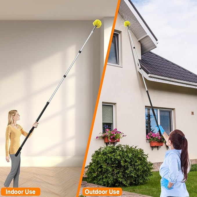 4-12ft Cobweb Duster with Extension Pole, 20 Foot High Reach Feather Dusters with Bristles for Cleaning Outdoor Indoor, 4-Stage Spider Web Remover with Telescopic Pole for Ceiling Wall Yellow