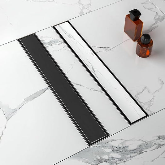 28-Inch Linear Shower Drain with Tile Insert Grate, SUS 304 Stainless Steel Linear Drain, Matte Black Long Rectangle Shower Floor Drain with Leveling Feet, Hair Strainer, Fits Bathroom