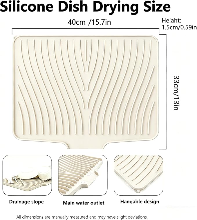 Silicone Dish Drying Mat,Dish Drying Pad,Kitchen Accessories,with Built-In and Non-Slip Drain,Easy Clean, Fit for Kitchen, Bar, RV, Refrigerator and Drawer Liner, 15.7*13 in Off White 1PCS by EBIGIC