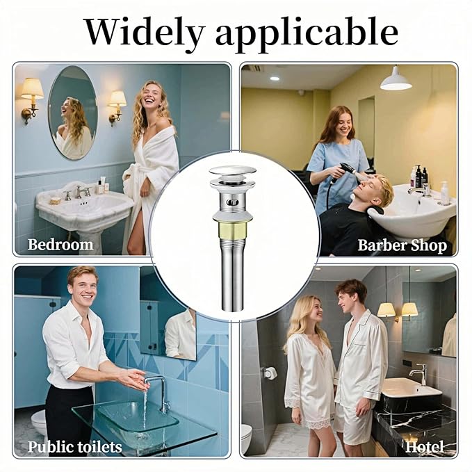 Pop-Up Sink Drain for No Overflow Basin, Stainless Steel, Hair Catcher Filter, 7.09 inch Length, Brushed Nickel (with Holes)