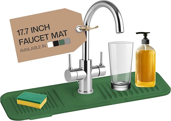 17 Inch Silicone Faucet Mat for Kitchen Sink Splash Guard & Draining Tray Sink Protector with Soap & Sponge Holder Green (Purest Peak)