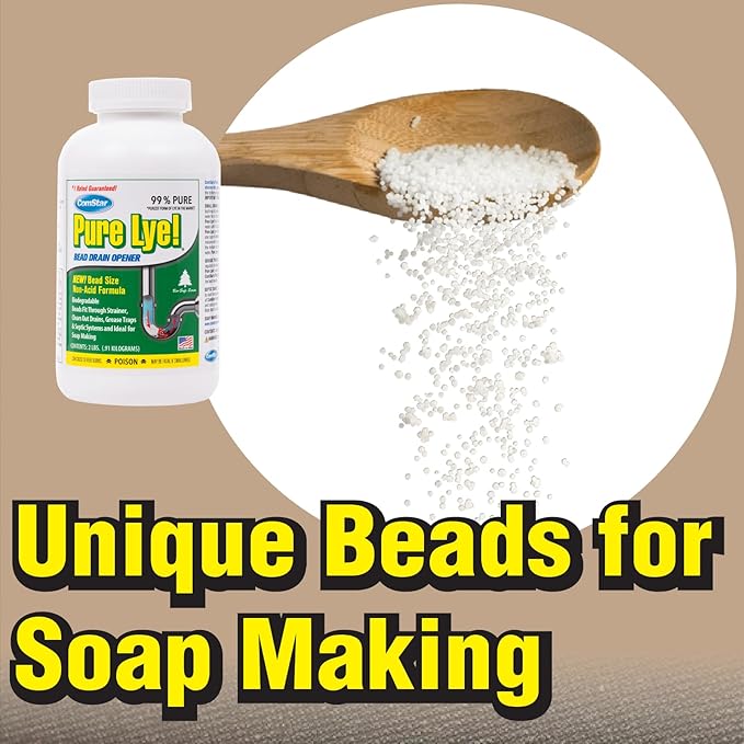 ComStar Pure Lye 2 lb - Unique Sodium Hydroxide Beads | Drain Opener & Soap Making | Biodegradable, Eco-Friendly (30-504)