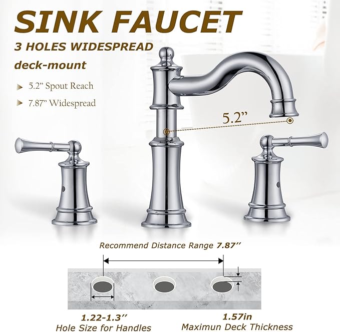 Roman Bathroom Sink Faucet Deck Mount or Wall Mount Installation Pop-up Drain Assembly with Overflow Deck Plate and Water Supply Lines Included (3 Hole Deck Mount, Chrome)