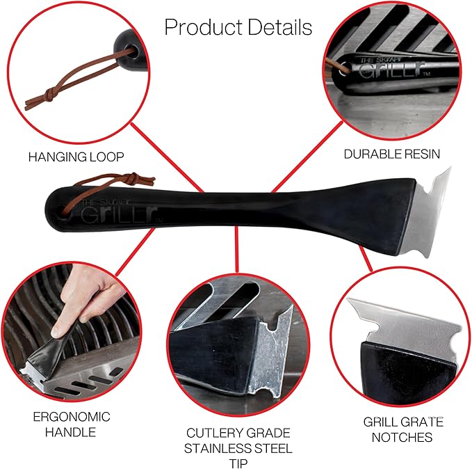 BBQ Grill Scraper, Stainless Steel Blade, Ergonomic Handle - BBQ Cleaning Tool for Gas, Infrared, Charcoal, Porcelain Grills, Outdoor Grill Accessories with Hanging Loop