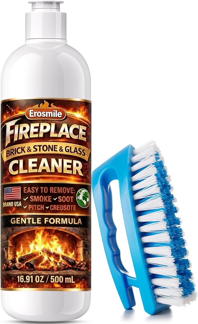 Fireplace Cleaning Set Fireplace Soot Remover with Scrub Brush for Brick, Stone, Rock, Tile, and Marble – Nonabrasive Brick Cleaner, Gentle Formula for Bricks & Glass Indoor and Outdoor -16.91 oz
