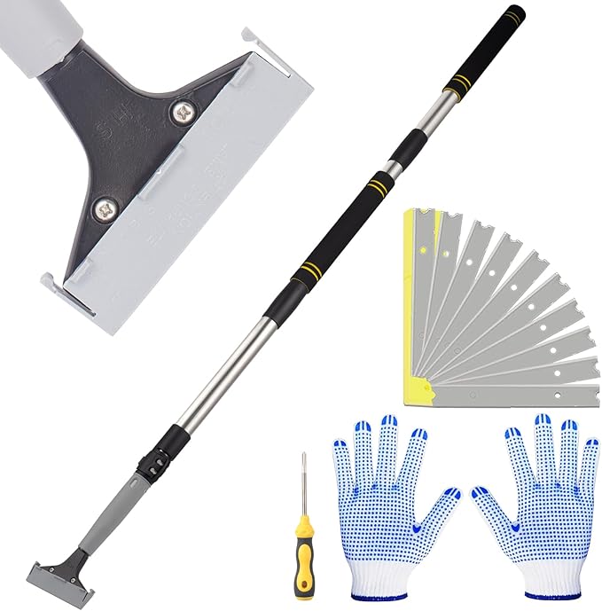 4"Razor Blade Floor Scraper with Long Handle,61in Adjustable Floor Scraper Heavy Duty with 10PCS Extra Metal Blades Paint Scraper for Cleaning Stickers Gum Glass Wall Tile (Retractable 82in)