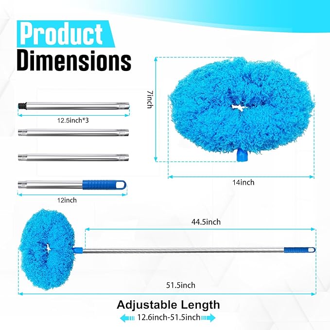 Ceiling Fan Cleaner Duster with Extension Pole, 12 to 51 Inch Duster Length, Reusable Microfiber Dusters for Cleaning Fan Blades, Cobwebs, Walls, Windows & High Ceilings, Removable, Blue