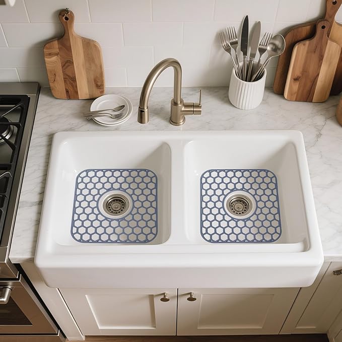 2 Pack Silicone Sink Protectors for Kitchen Sink with Center Drain - 12" x 11" Kitchen Accessory, Non-Slip Heat-Resistant Mat for Bottom of Porcelain Stainless Steel, Dishwasher Safe