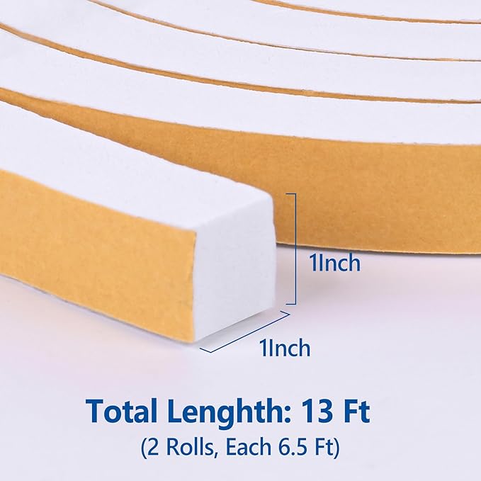Kikerike Self Adhesive Foam Tape Weatherstrip 1In x 1In x 13Ft High Density Foam Insulation Strips Seal Weather Stripping with Strong Adhesive for Door and Window Sound Isolation Soundproofing