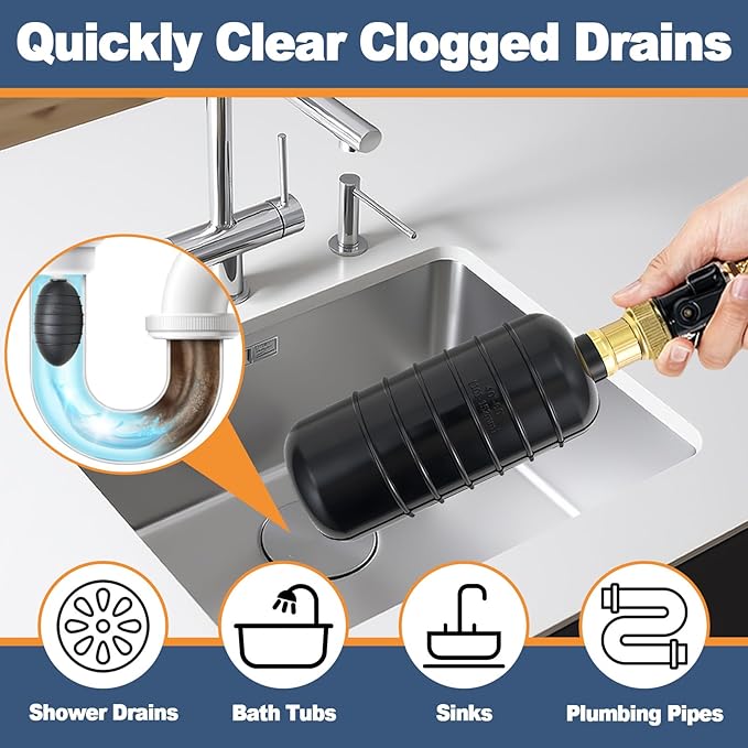 Drain Cleaning Bladder for 4–6 Inch Pipes, Water Powered Drain Unclogger for Main Sewer Line, Bathroom, Kitchen Sink, Bathtub, Basement & Pool Drains