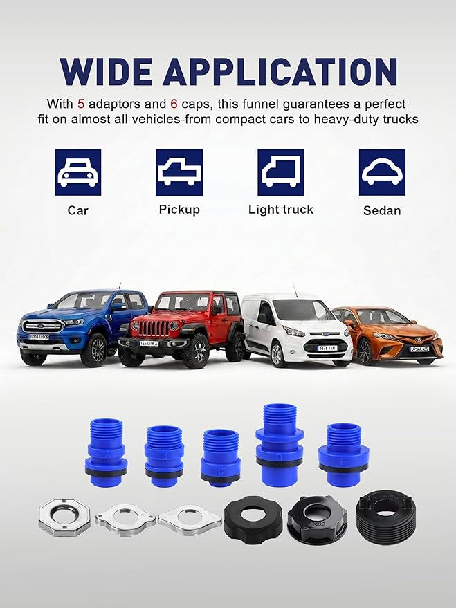 SMART JERRY - Coolant Bleeder Kit, Radiator Burping Funnel, No-Spill Coolant Funnel Kit, Radiator Flush Kit, Universal Radiator Funnels (2026 Upgrade: Added 2 Caps for Broader Compatibility)