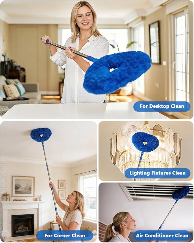 Ceiling Fan Duster Cleaning Kit with 75 Inch Extension Pole, Long Handle Microfiber & Chenille Dusters for High Ceiling Fan Blades, Blinds, Walls, Window Glass Cleaner, Cleaning Tools Set