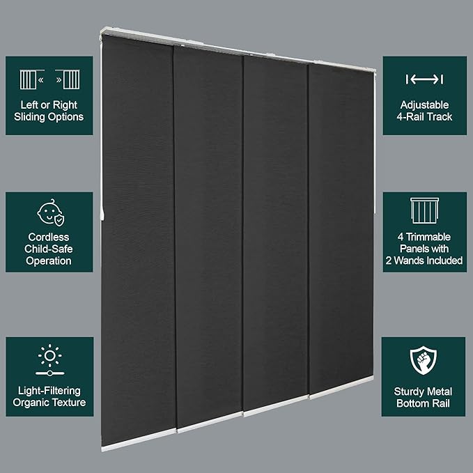 CHICOLOGY Panel Track Blinds for Sliding Glass Doors, 4 Panel Sliding Panels, Adjustable Track 46-86" W, Trimmable Height Up to 96" H, Light Filtering Privacy Room Divider, Ballroom Grey
