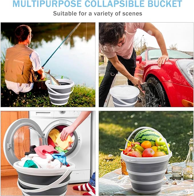 2-Pack Collapsible Buckets - 2.6 Gallon (10L) Large Capacity, Essential for RV, Garden Cleaning, Car Washing, Camping, Fishing, Multi-Purpose Durable Portable Buckets, Easy Storage, Use Anywhere