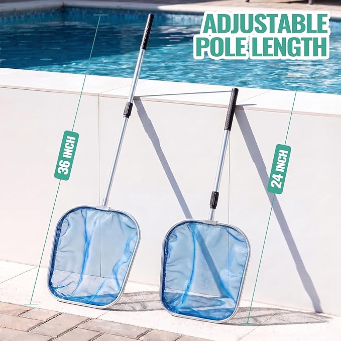 36" Hot Tub Pool Skimmer Net with Pole All-Metal Aluminum Frame & Handle for Small Above Ground Pools - Lightweight Pool Skimmer Net for Daily Leaves Bugs Removal Easy Cleaning, Retro Silver