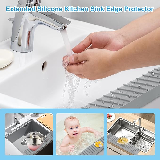 Silicone Sink Edge Protectors 4" x 24", Upgrade Kitchen Sink Splash Guards With Suction Cup, Splash Guard For Bathtub Sink, Countertop Protectors For Quartz Kitchen Sink（Gray）