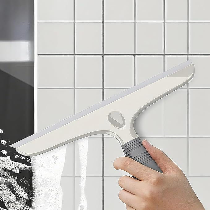 Multi-Purpose Dual-Sided Silicon Squeegee for Window, Glass, Shower Door, Car Windshield, Heavy Duty Window Scrubber, Includes Suction Hook, 10 inch, Gray and White, 1 Pack